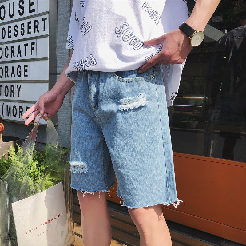 Harajuku sommer menn fritidsshorts denim herre kort hull rett løs tynn knapplomme mannlig koreansk stil trendy