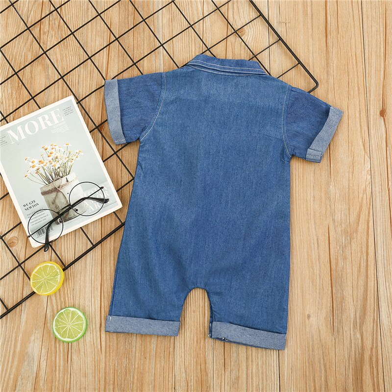 Baby Romper Kids Blauw Turn-Down Kraag Korte Mouwen Jumpsuit Bow-Tie Voor Zomer Baby Boy Kleding 0-24 Maanden