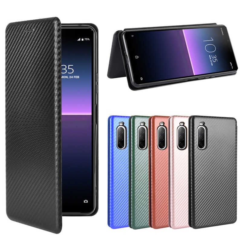 Voor Sony Xperia 10 Ii Case Carbon Fiber Pc Harde Kaarthouder Slim Leather Case Voor Sony Xperia10 Ii wallet Flip Cover