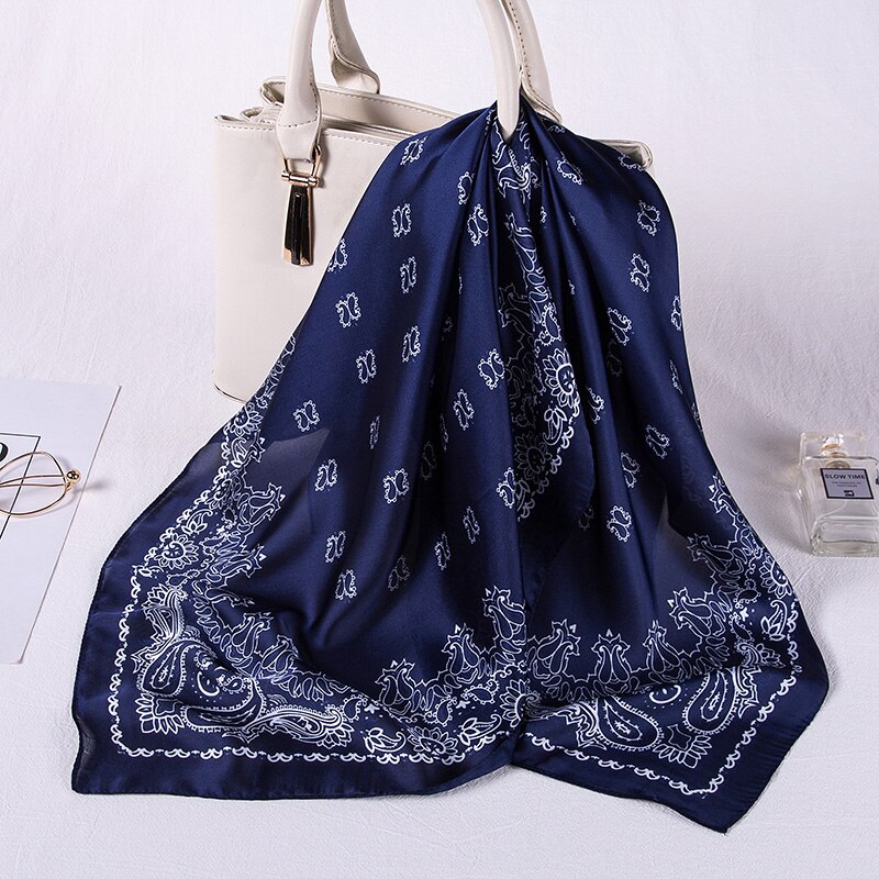 Women Imitation Silk Kerchief Scarves Print Square Neckerchief Office Lady Scarf Muffler Shawl Bag Clothes Accessories: Navy Blue