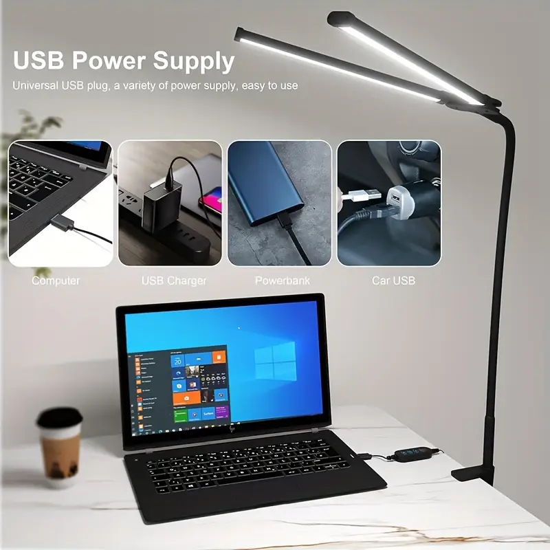 Lampada da scrivania a LED con clip a doppia testa, 3 modalità di luminosità, adattatore USB regolabile, adatto per leggere, studiare, monitor per pianoforte, ufficio