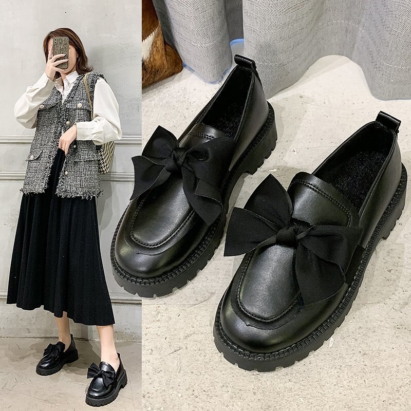 Lente herfst dames leren plateau schoenen zwarte loafers strik instappers platte schoenen vrouw casual naaien oxford zapatos mujer 8873n