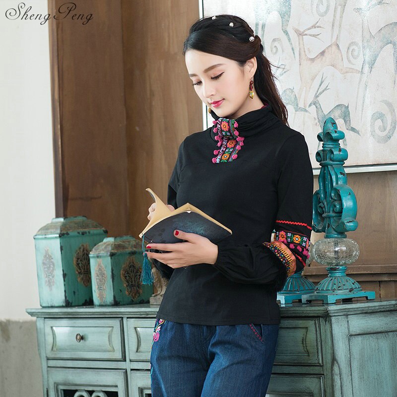 Top Cheongsam de manga larga para mujer, ropa tradicional china, talla grande 5XL, Camisa de algodón Vintage, blusa, Q663