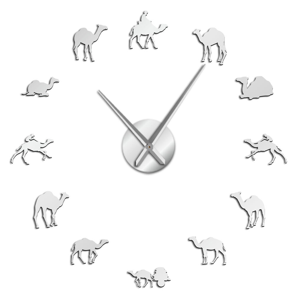 Dromedaris Arabische Woestijn Geest Dieren Spiegel Oppervlak Muur Horloge Bedouin Kameel Interieur Art Niet Tikkende 3D Muur Opknoping Horloge: Silver / 27 inch