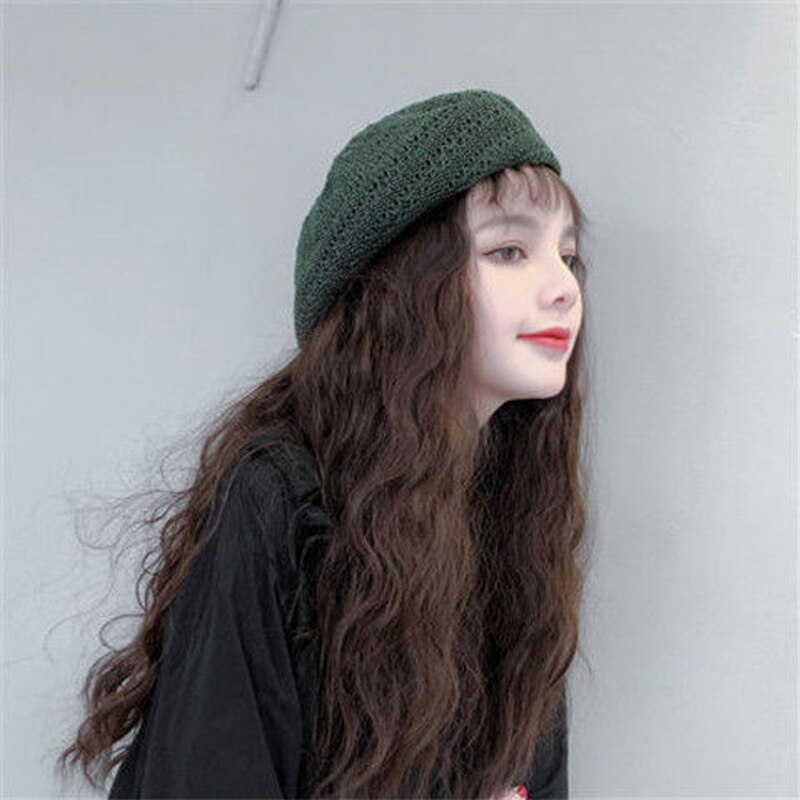 Foux Baret Stro Vrouwen Zomer Mesh Ademende Hoed Gebreide Koreaanse Stijl Franse Baret Dames Vrouwelijke Verstelbare Touw: green