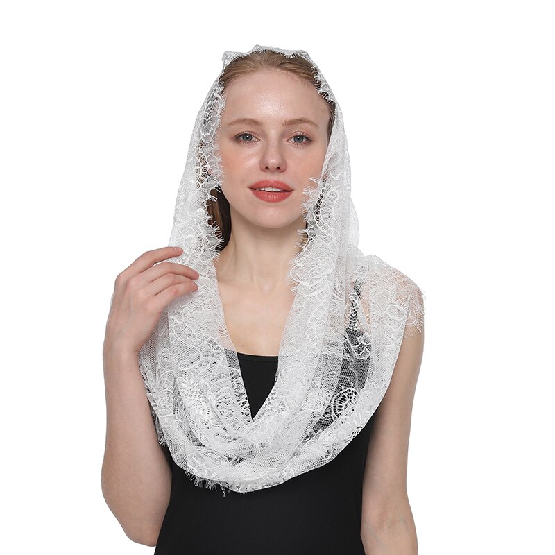 Wit Vrouwen Kanten Sjaal Voor Kerk Gebed Sjaal Geborduurde Kant Sluier Bloemen Christian Veils Spaanse Mantilla Kerk &#39;S Hanger: Round Tassel White