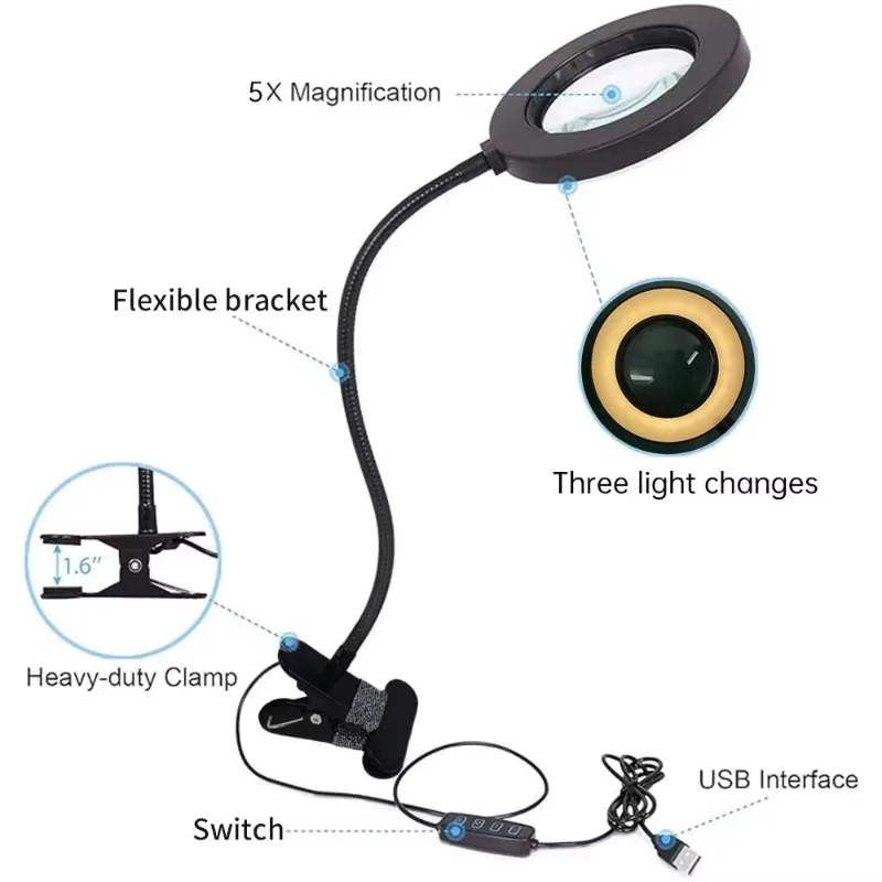 Lupa Led tipo Clip 8x, luz de belleza para uñas, luz fría USB, equipo antideslizante, abrazadera, lámpara de escritorio portátil de vidrio