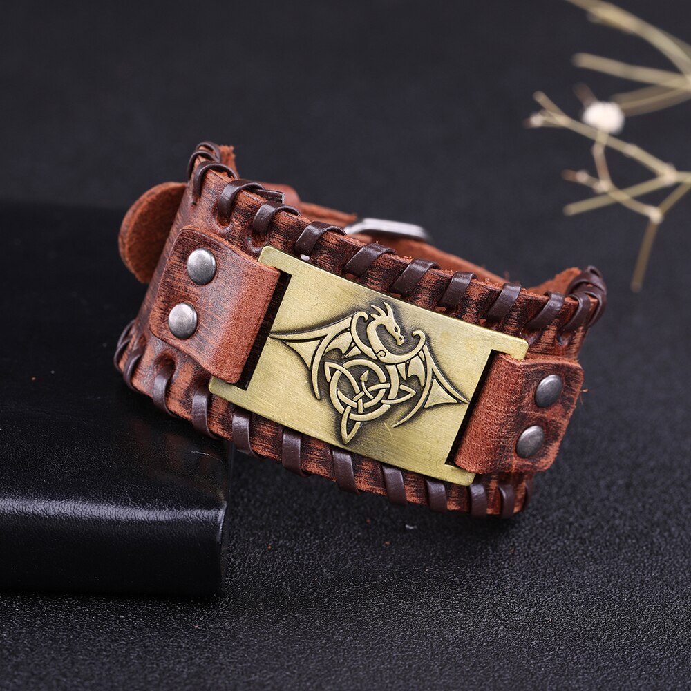 LIKGREAT Vintage Wicca Symbol Triqueta Pterosauria Dragon Charm Bracelets for Men Black Brown Leather Wrap Bracelet Cool Jewelry