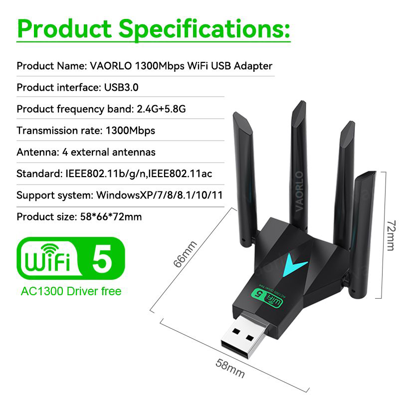 VAORLO 1300Mbps WiFi USB Adapter Dual Band 2.4G/5Ghz Wi-Fi Dongle 802.11AC Powerful Antenna Wireless Receiver For PC/Laptop