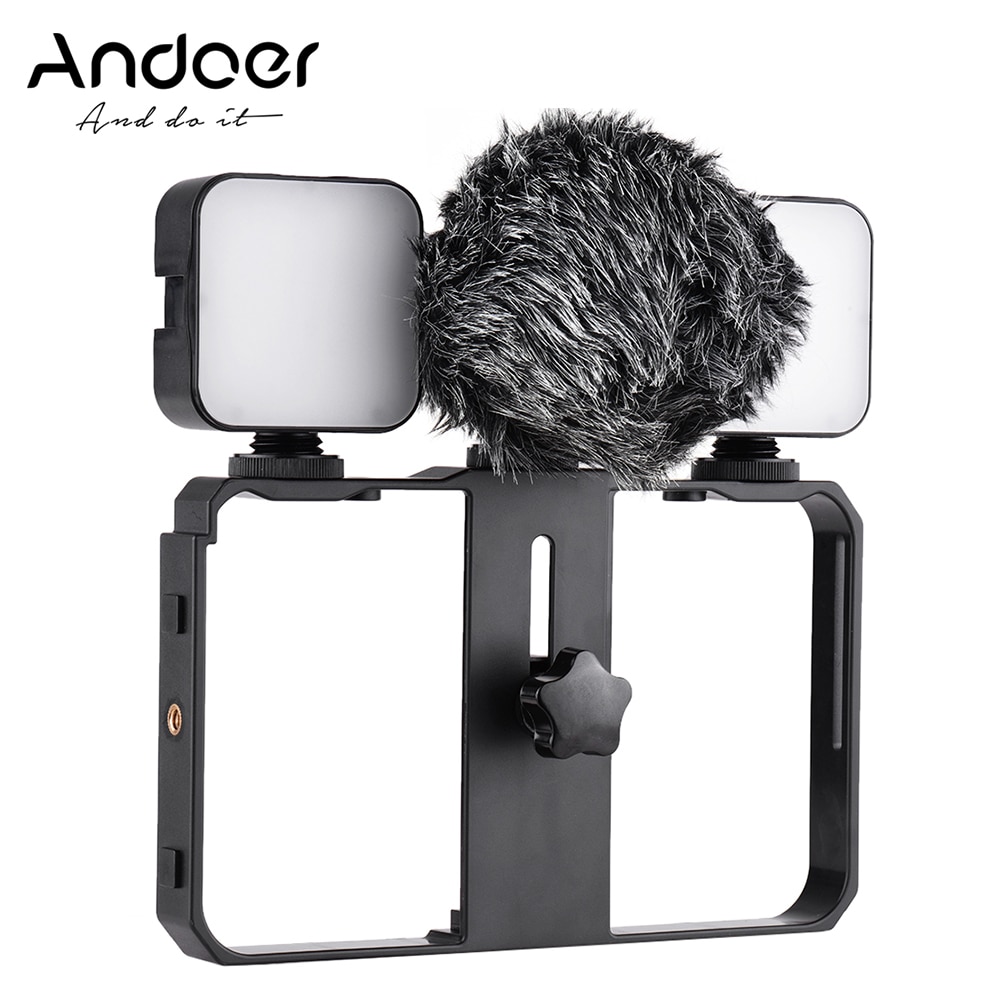 Andoer Smartphone Video Kooi Kit Inclusief 2 Stuks Mini Led 6500K Vullen Lichten + Mini Microfoon Handheld Smartphone Video beugel