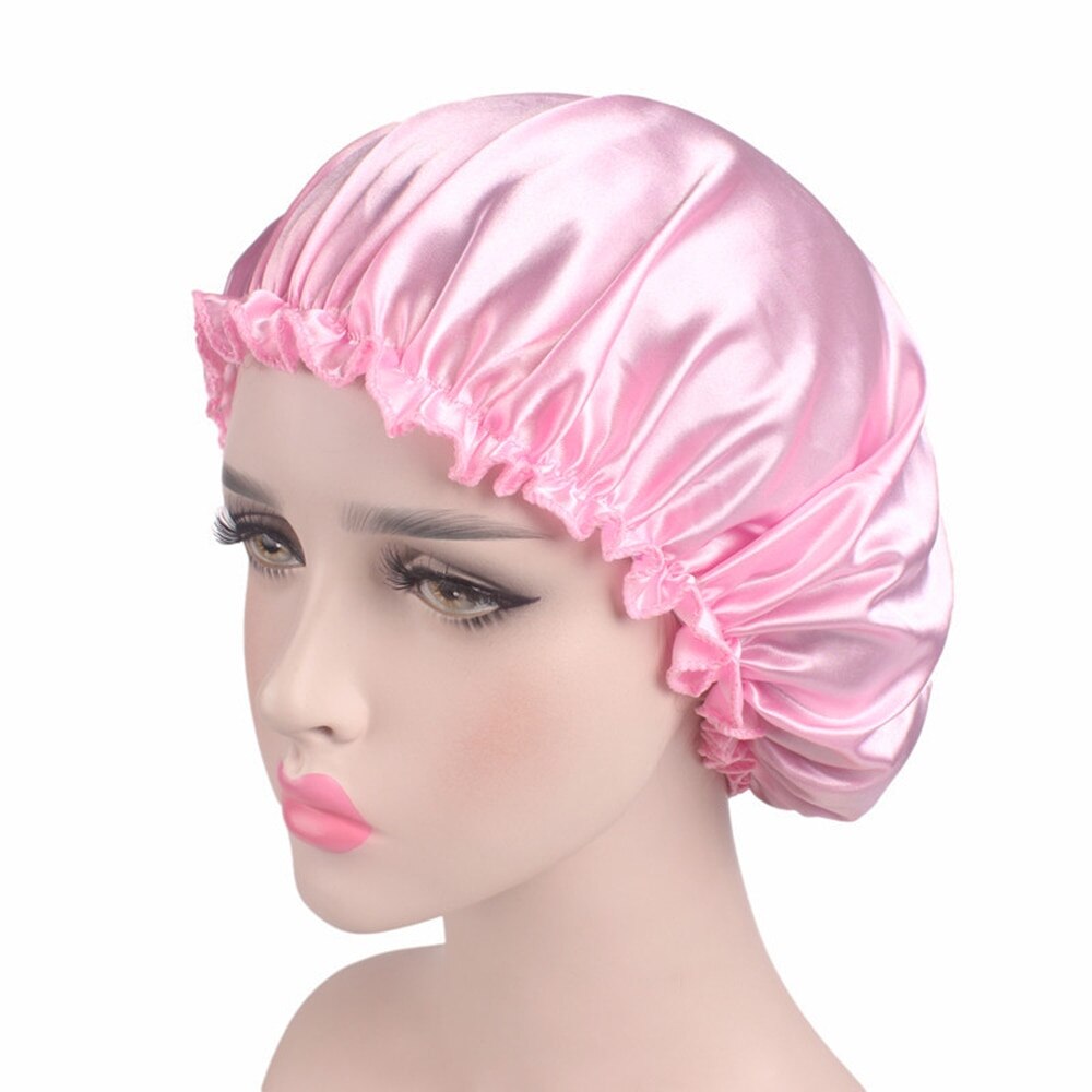 Elastic 58cm Women Shower Cap Satin Night Sleep Cap Shower Cap Hair Bonnet Hat Silk Head Cover Wide Elastic Band: Light Pink