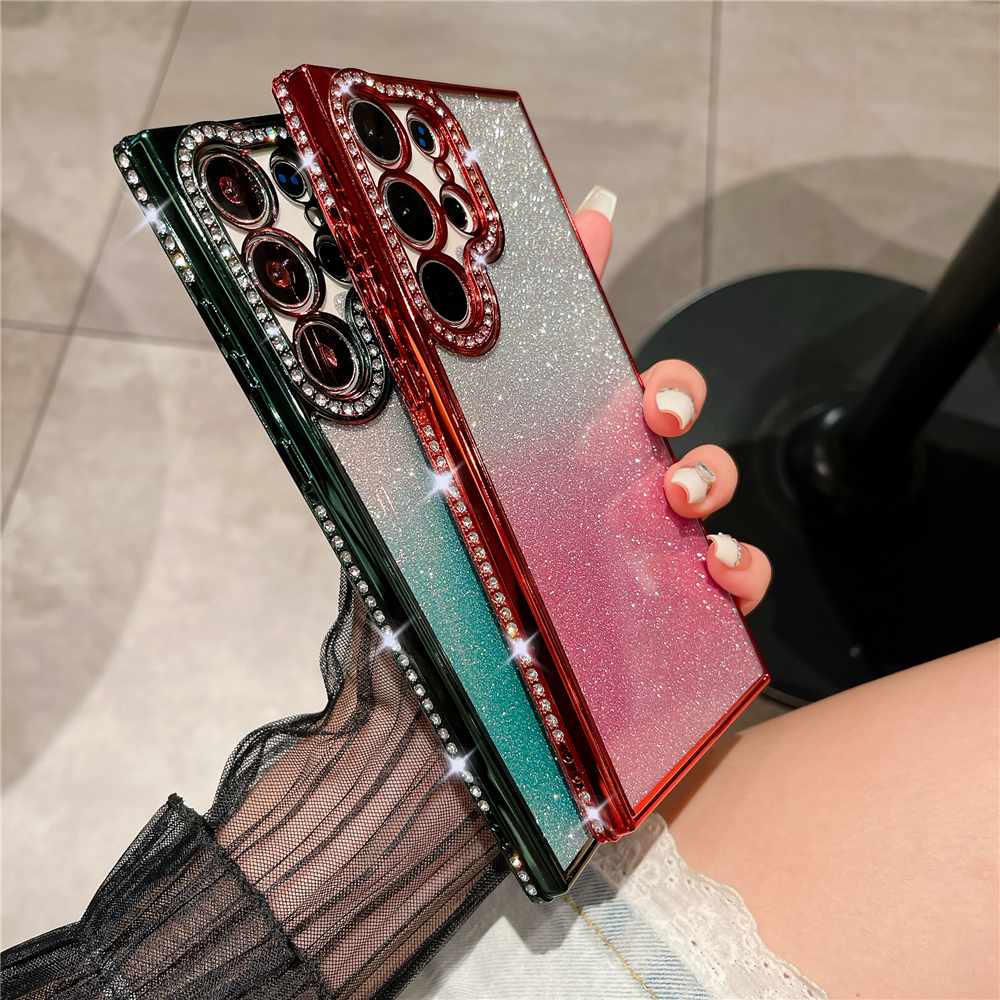 Custodia per telefono trasparente con diamanti con strass glitterati placcati di lusso per Samsung S23 ultra S22 più coperchio morbida e trasparente a colori sfumati