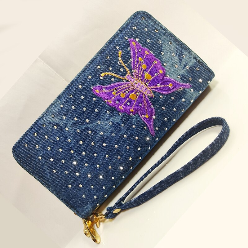 Phone Purse Women Wallets Denim Big Female Brand Retro Ladies Long Woman Wallets Card Clutch Double Zipper ladies wallet Diamond