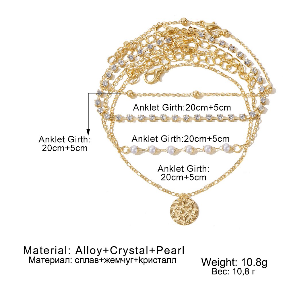 EN Female Gold Color Round Pendant Anklets For Women Pearl Bead Chain Ankle Bracelets Girls Barefoot on Leg Chain Beach Jewelry