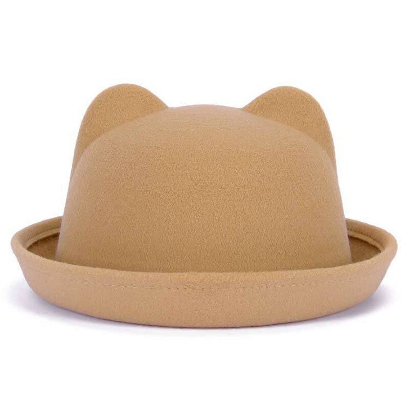 Förälder-barn bowlerhatt ullfilt fedora hattar för kvinnor flickor barn solid katt öra formell keps trilby sombrero derby: Kattöra kamel / 54cm