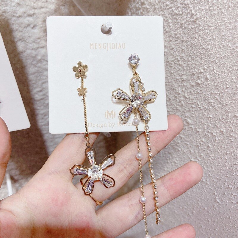 Mengjiqiao moda coreano delicado zircão flor longo borla brincos de gota para mulheres meninas elegante pérola pendientes jóias