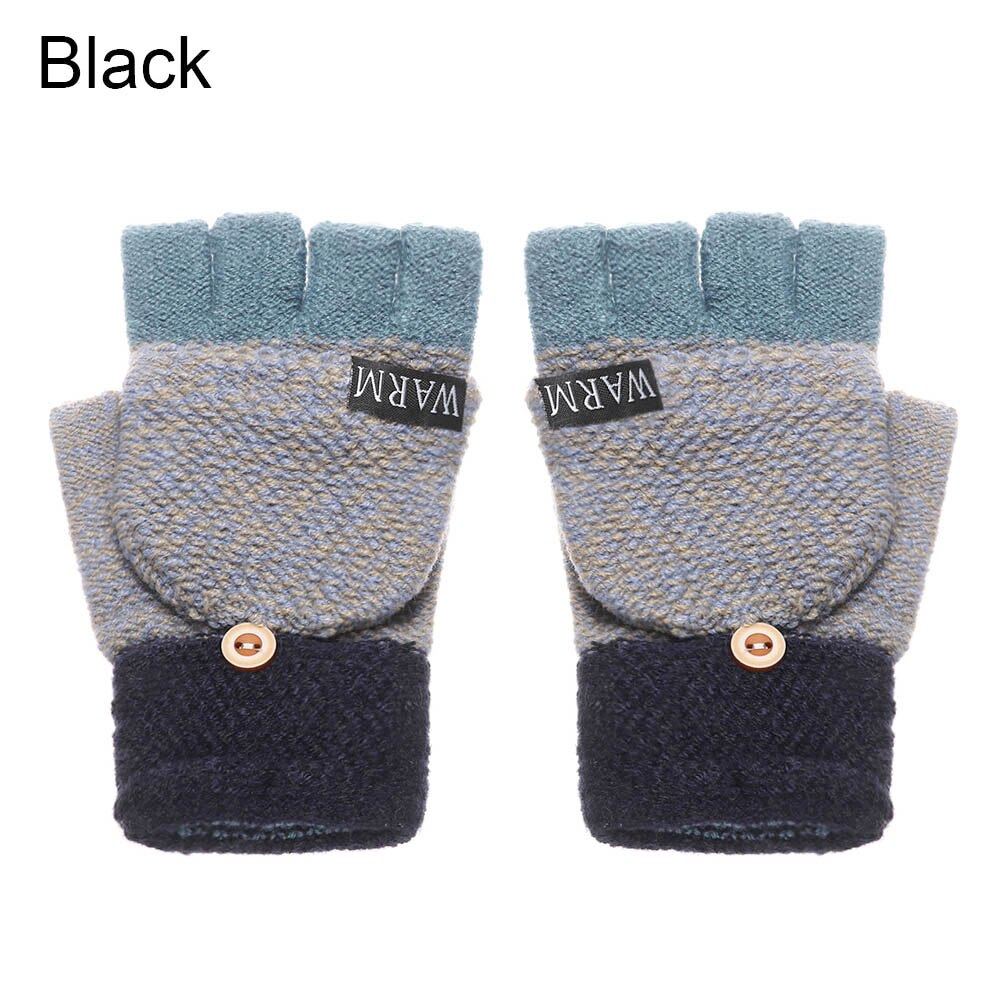 Winter Warm Knitted Gloves Women Men Fingerless Exposed Finger Half Capped 2 in 1Thick Gloves Soft Elastic Gloves: 2-black