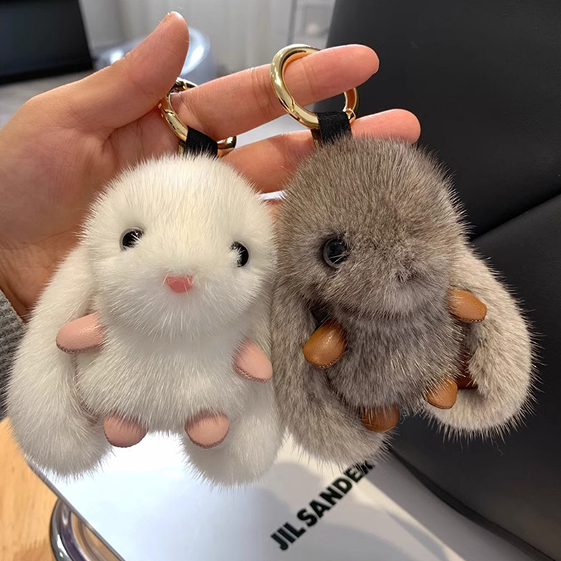 Cute Fluffy Rabbit Keychain Ring Plush Pompon Bunny Bag Pendant For Couple Car Key Ring Jewelry