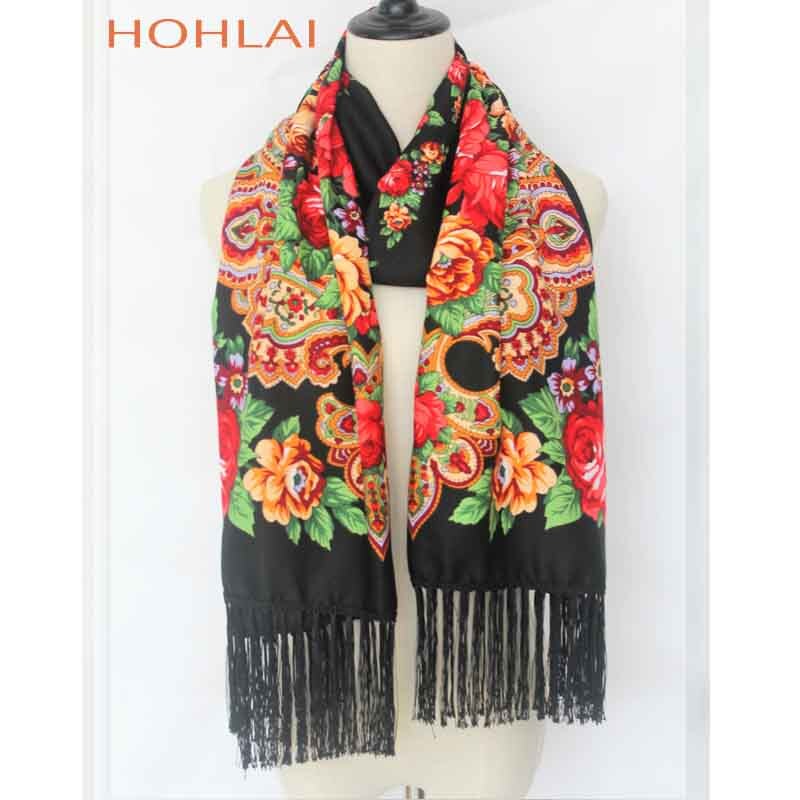 Foulard Long Femme à Franges - Imprimé Floral - Mélange Coton - Plus de 175cm: Noir