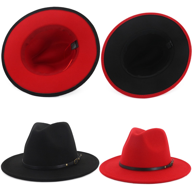 Wool Felt Jazz Fedora Hats Black Red Patchwork Belt Buckle Decor 1PC Soft Unisex Comfortable Adjustable Wide Brim Hat