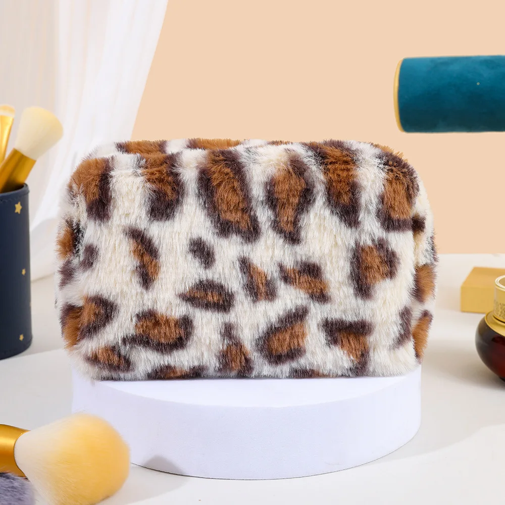 Leopard Fur Makeup Bags for Women Soft Travel Cosmetic Bag Organizer Case Lady Girls Make Up Case Necessaries Handbags Case: Beige
