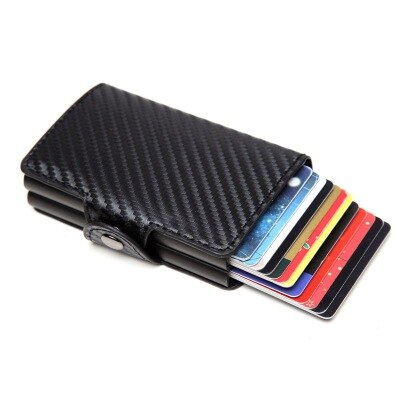 Cartera doble de aluminio para hombre, tarjetero de cuero para tarjetas de crédito RFID, billetera de Metal automática saliente, monedero antirrobo, tarjetero de negocios: Carbon fiber black