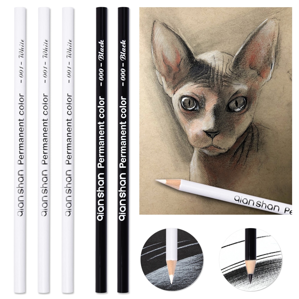 5Pcs Zwart Wit Kleur Potloden-Permanente Kleur Tekening Potlood Olie gebaseerde Houten Kleurpotloden, 2 kleuren van 3 Wit, 2 Zwarte