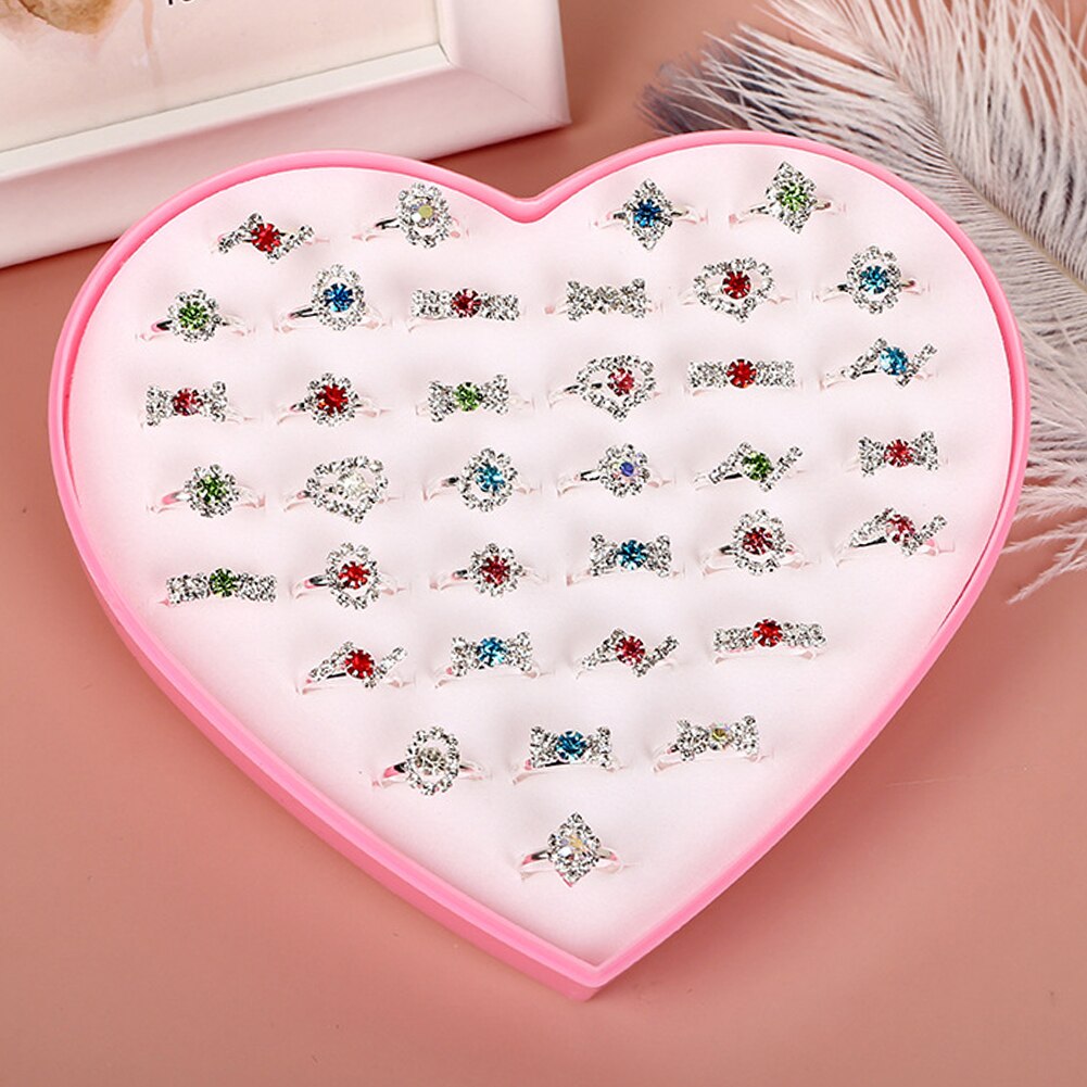 Mixed 36pcs Kids Cartoon Assorted Flower Animals Crystal Alloy Adjustable Children Ring Girl Birthday Party