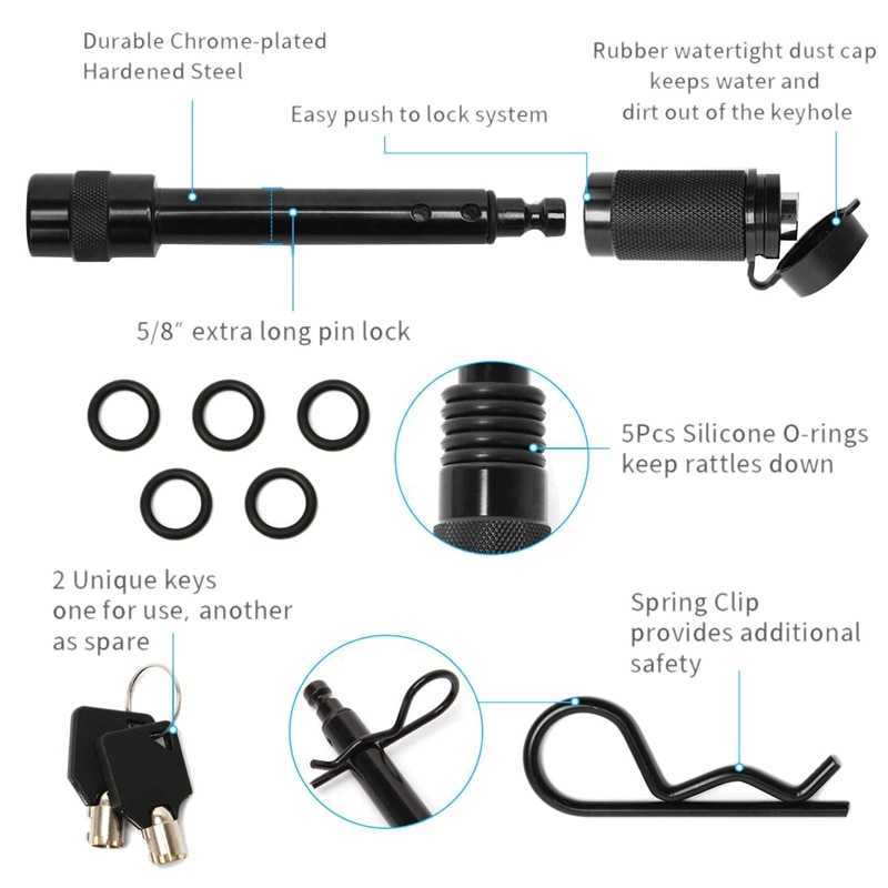 5/8 inch Extra Long Heavy Duty Trailer Hitch Locking Pin Set Receiver Hitch Lock with Anti-Rattle, Keys, Rubber Cap for Class II