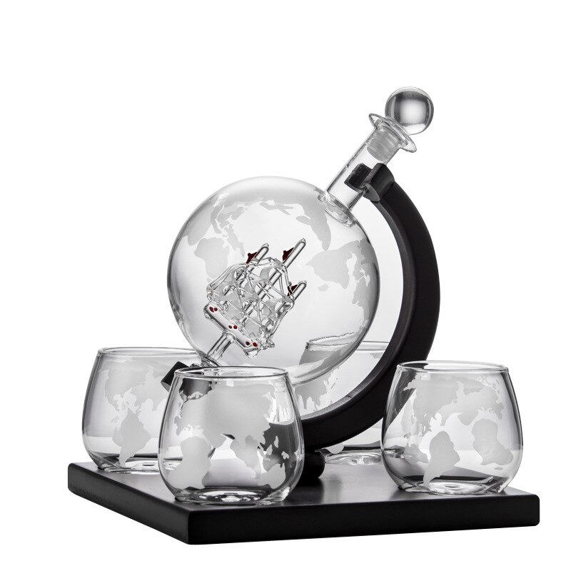 Whiskey Decanter Set Vodka Globe Decanter with 4 Glasses Liquor Dispenser with Wood Stand Wine Bureau