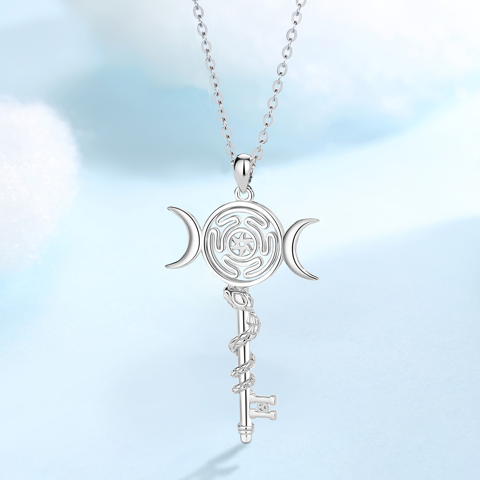 Eudora 925 Sterling Silver Hekate Wheel Necklace for Women Snake Key Triple Moon Goddess Pendant Witch Jewelry Personality
