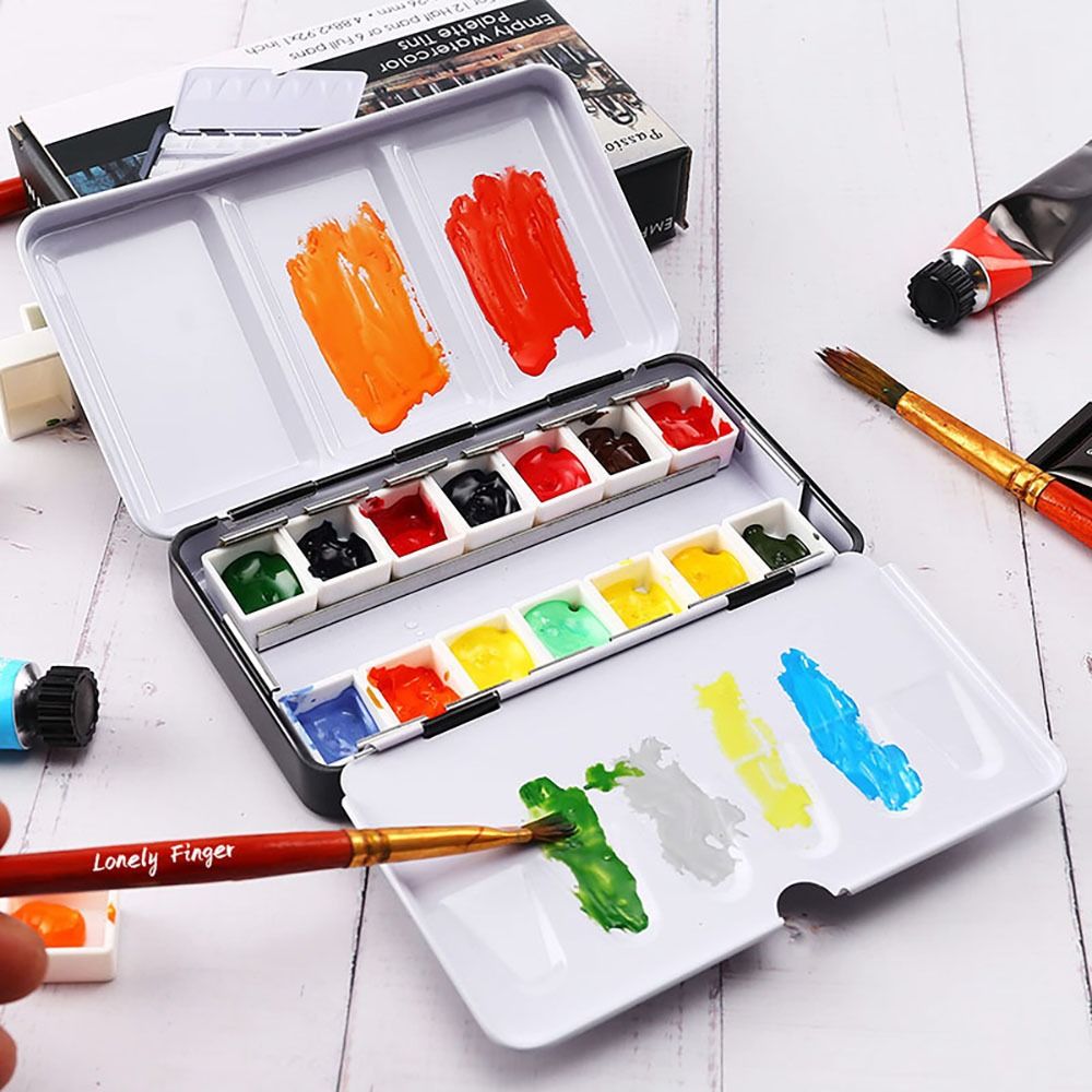 Lata de acuarela de metal artístico con paleta plegable, paleta grande de bandeja de acuarela con 52 medias sartenes de acuarela vacías para artista