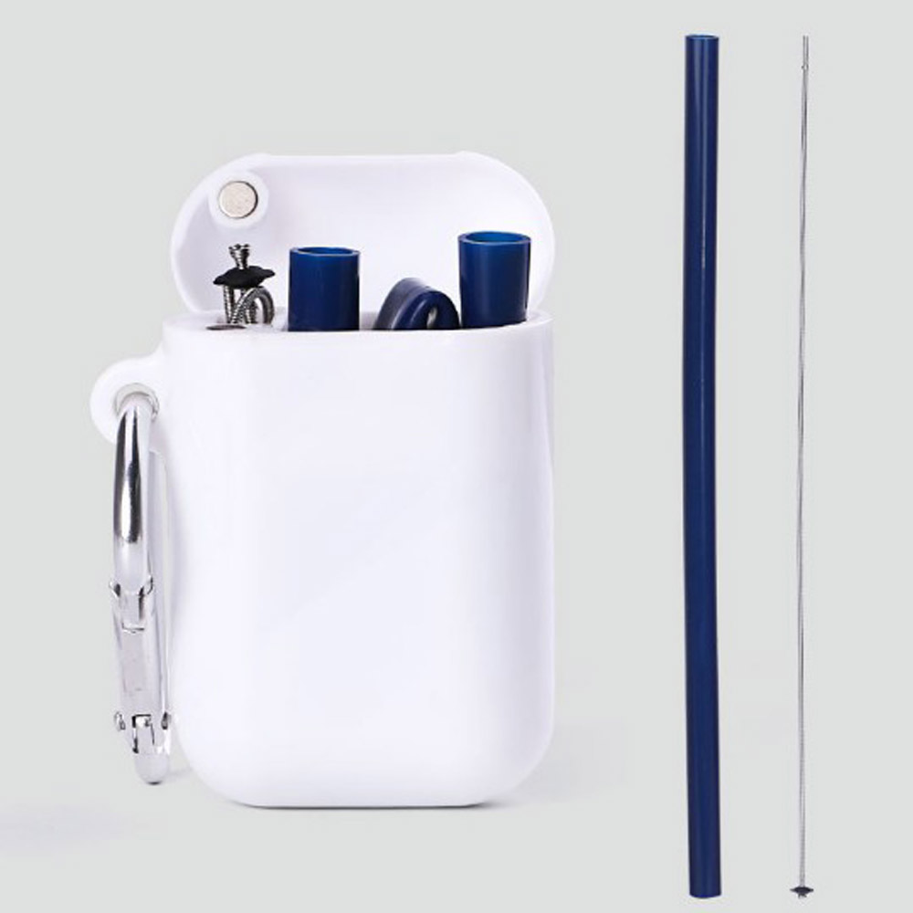 Reusable Food Grade Silicone Straw Outdoor Portable Foldable Drinking Straw With PP Luxury Carrying Case and Cleaning Brush: Blue