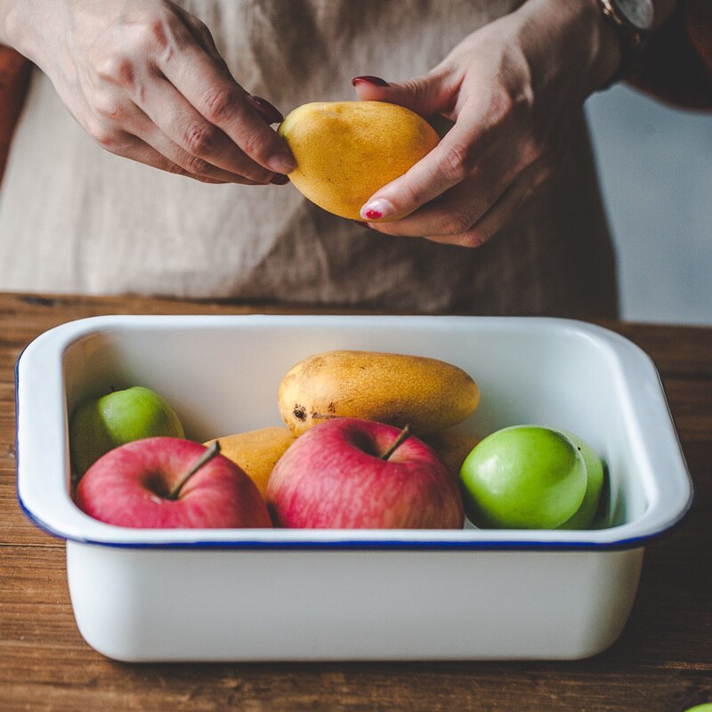 Japanese porcelain enamel classic blue edge bread plate rectangular household thicken baking tray ovenware comal fruit plate