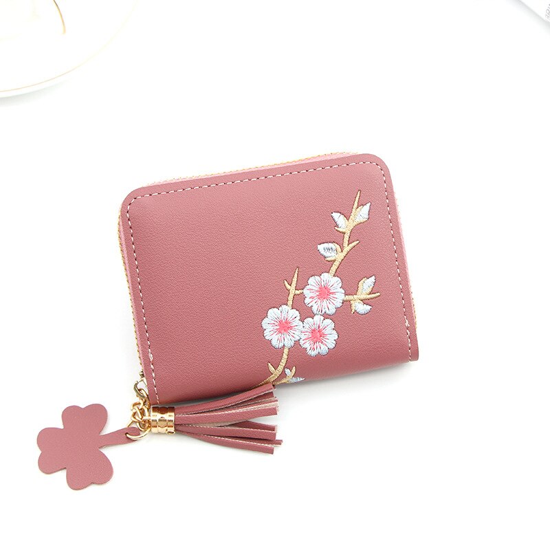 Lovely Ladies Flower Embroidery Tassel Pendant Short Wallet Girls Cute Zipper Purse Change ID Card Coin Pocket Card Holder