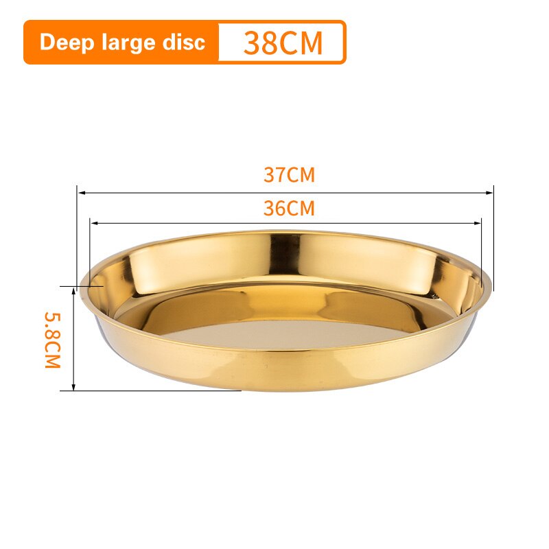 Thickened stainless steel disc metal pallet Large flat bottom deep plate Golden cake plate Restaurant plate plates set: 38