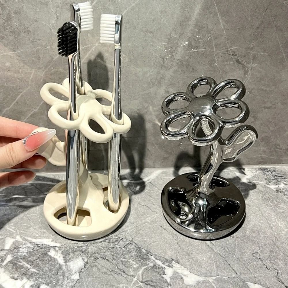 Ceramiczny pojemnik na szczoteczki robić zębów w kształcie kwiatka, oszczędzający miejsce, wodoodporny, antypoślizgowy stojak na szczoteczki robić zębów z 6 miejscami na pastę robić zębów.