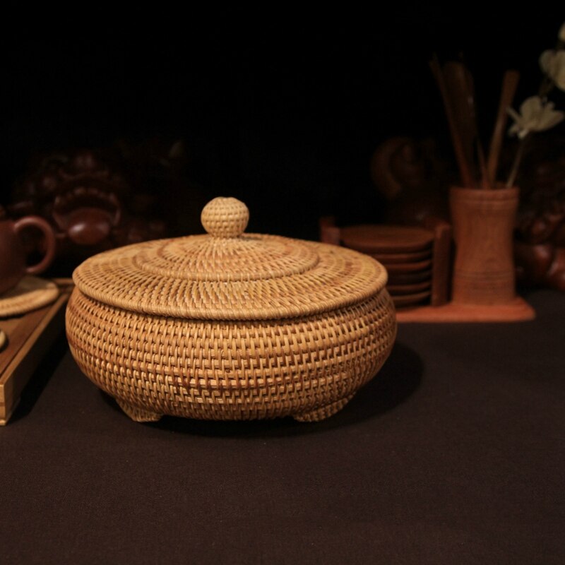 Förvaringskorg handvävd rotting vävd med lock rund primärfärg kinesiska smycken snacks te set förvaringslåda 22 x 13cm