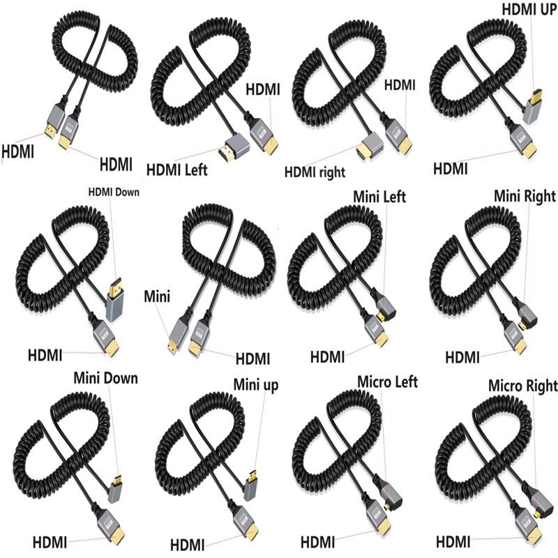 4K HDMI kabel sprężynowy z męskiego na męskie lewego prawego w górę w dół Mini Micro hdmi zwinięty przedłużacz elastyczny kabel spiralny podłącz kabel HDMI