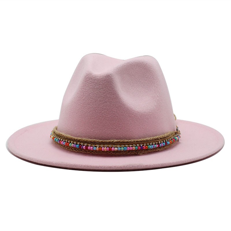 Herr kvinnor bredbrättad ullfilt fedora panama hatt med bältesspänne jazz trilbykeps fest formell topphatt i vitt,svart.rosa: Rosa