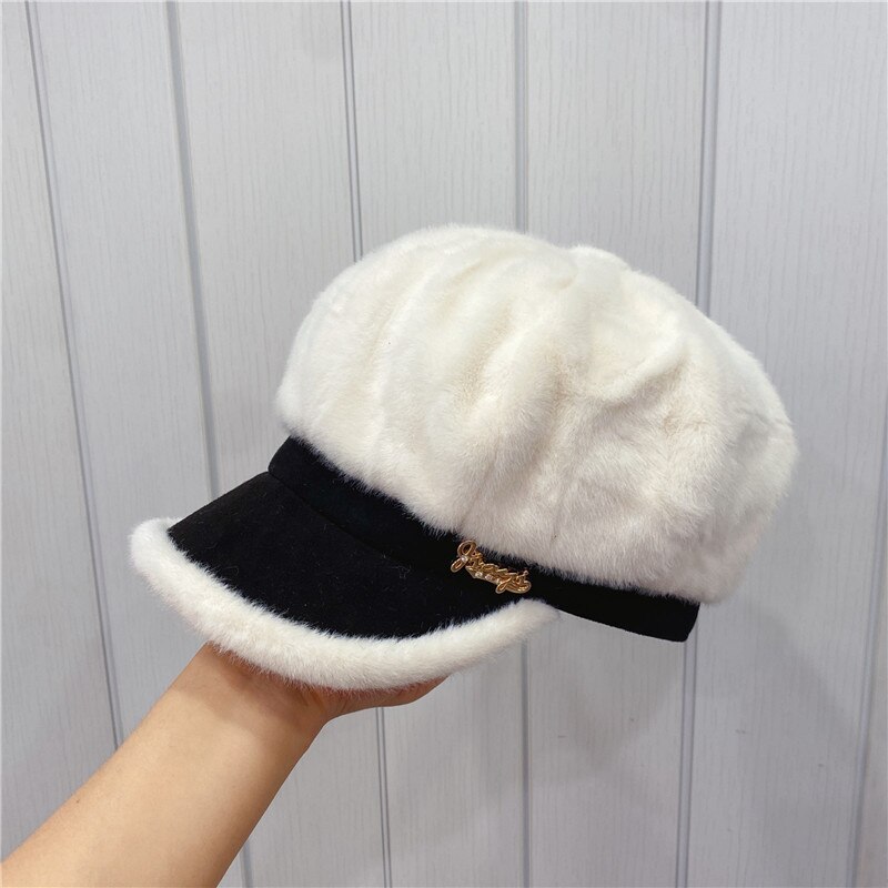 Sombrero de boina peluda para mujer y niña, gorro informal grueso y cálido, para artista francés, Otcagonal: Blanco