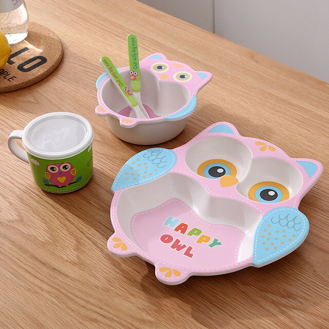 Juego de vajilla de fibra de bambú para bebés, juego de 5 unidades de platos para bebés, plato con separación de dibujos animados para niños, Bol, tenedor, cuchara, vasos, suministros de alimentación
