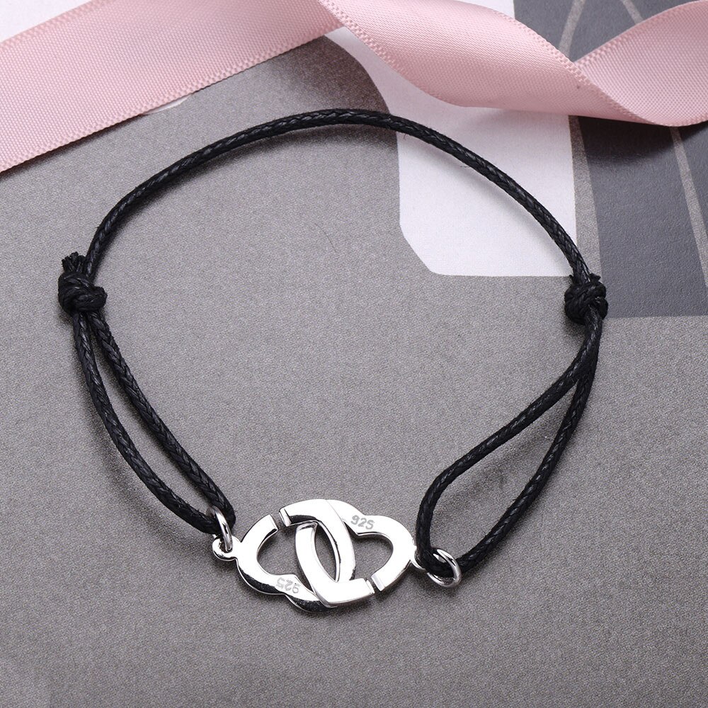 Heart Shaped 925 Prata Duplo Coeurs Moonmory Pulseira Para Mulheres E Homens Com Preto Corda Ajustar Pulseira Atacado