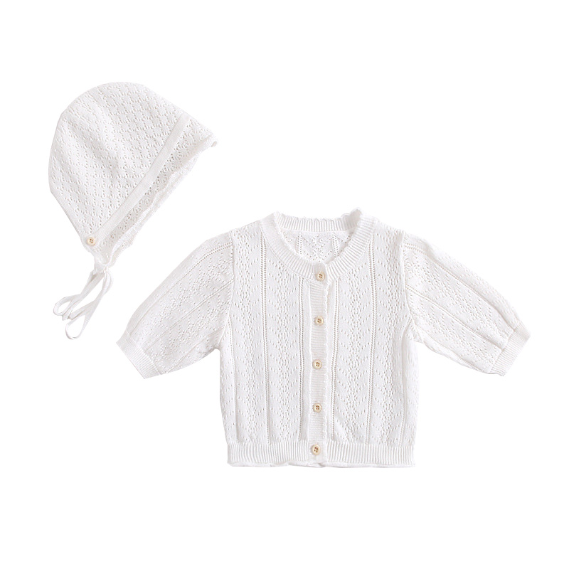 Baby Sweater for Girls with Hat Hollow Out Baby Girl Clothes Autumn Summer Baby Cardigan Cotton Kids Coat Infant Sweaters: White / 12M