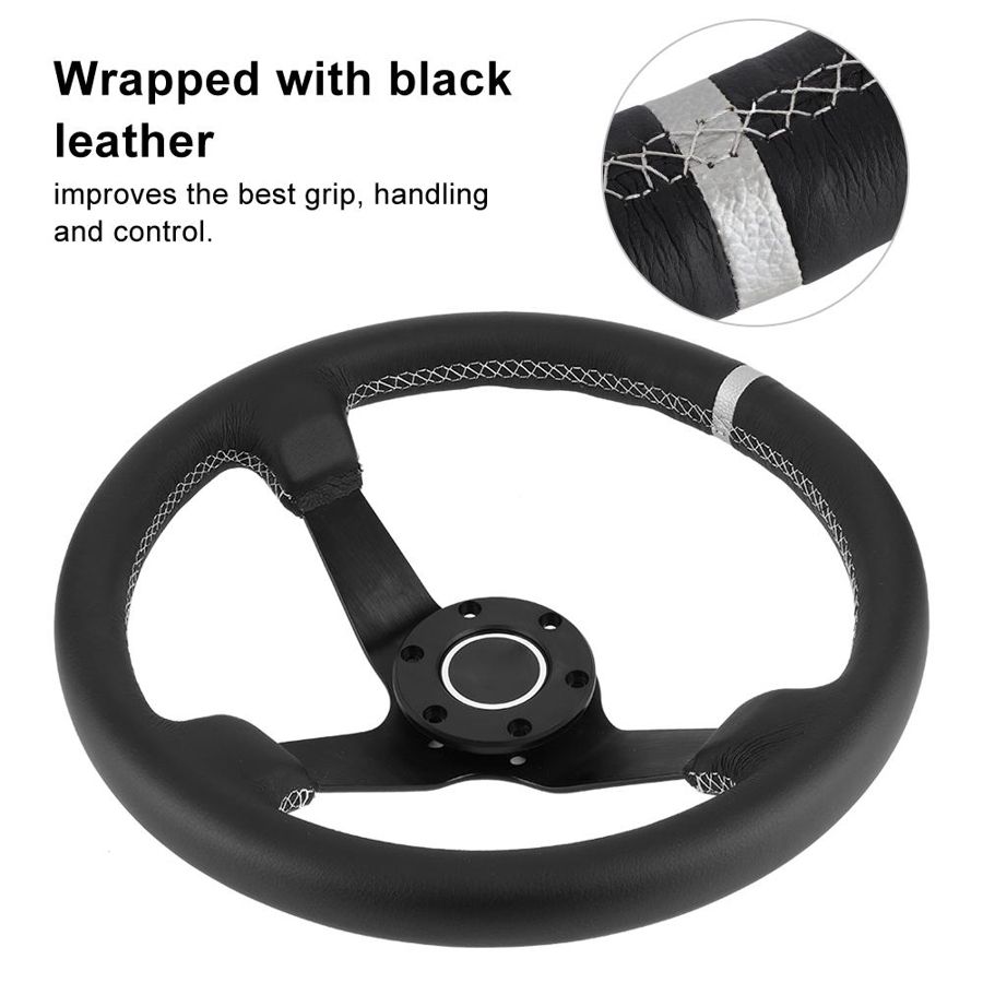 350mm/14in Steering Wheel for SPARCO Style 6-Bolt Deep Dish Black Leather Racing Steering Wheel W/ Horn