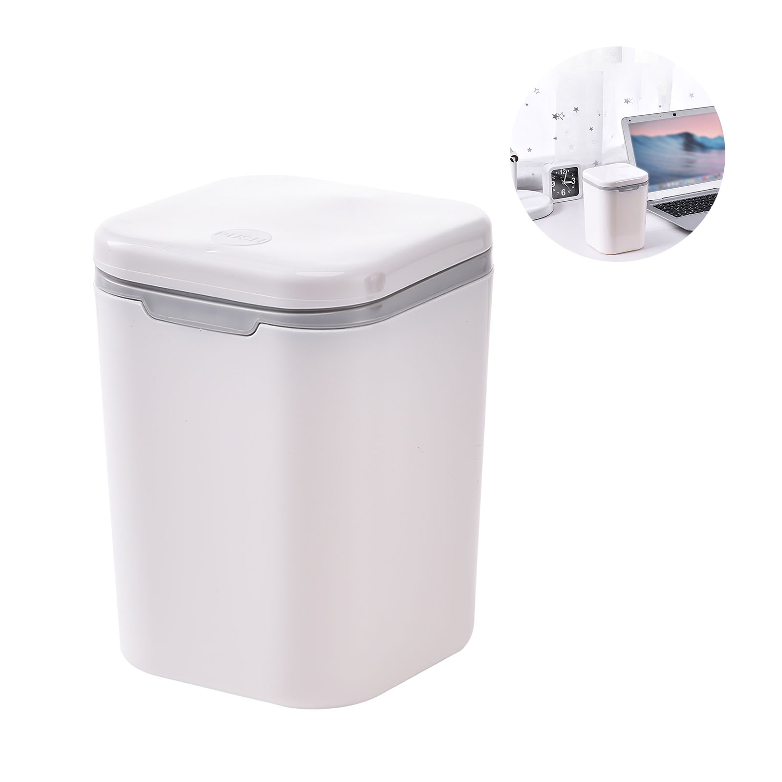 Mini Desk Trash Can White Desktop Trash Can Removable Portable Trash Bin with A Button in the Lid for Bedroom Kitchen Desk