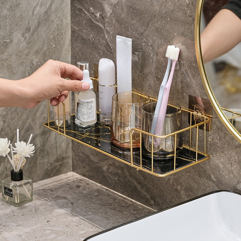Luxuriöses Badezimmerregal ohne Bohren, Eisen-Wandregal mit Glasplatte Ich bin Marmor-Stil, machen-hoch-Aufbewahrungsregal, Badezimmer-Accessoires