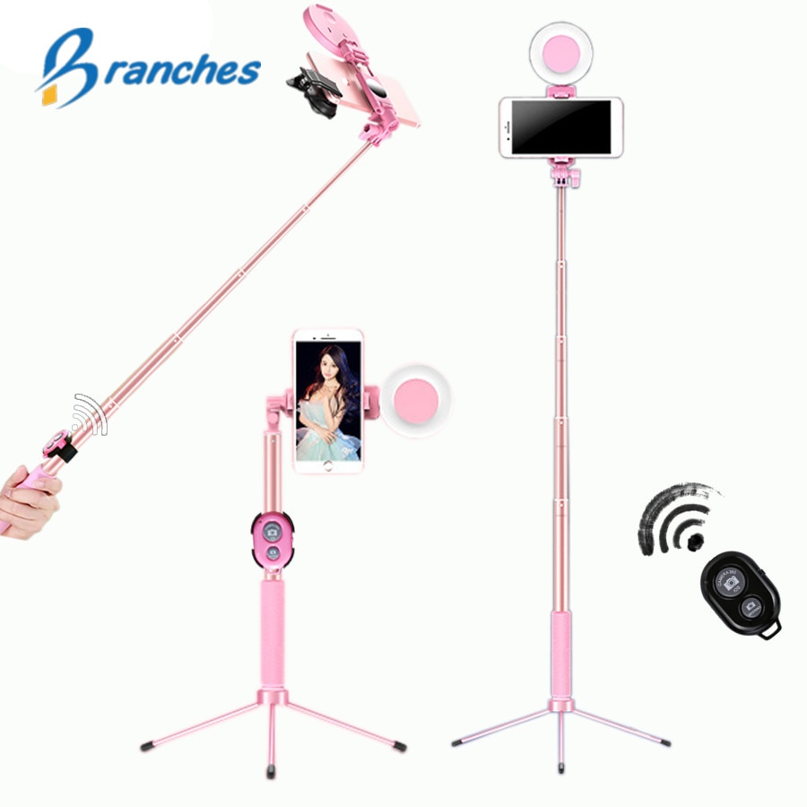 Tripé com iluminação led extensível 4 em 1, vareta para selfie, com suporte para celular, monopé, para iphone, 1.7m x 8 smartphone android,
