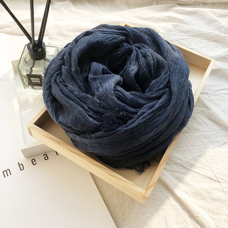 Japanese Style Linen Cotton Tassel Scarf Men Scarf Bufandas Solider Color Spring Autumn Warm Soft Kroean Style Scarves: Navy Blue