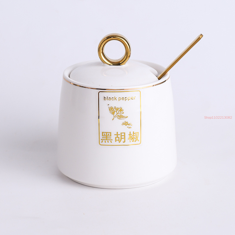 Gold-plated Ceramic Seasoning Jar with Lid Spoon Household Sugar Bowl Chili Box Kitchen Food Container Spice Organizer Rack: Clear